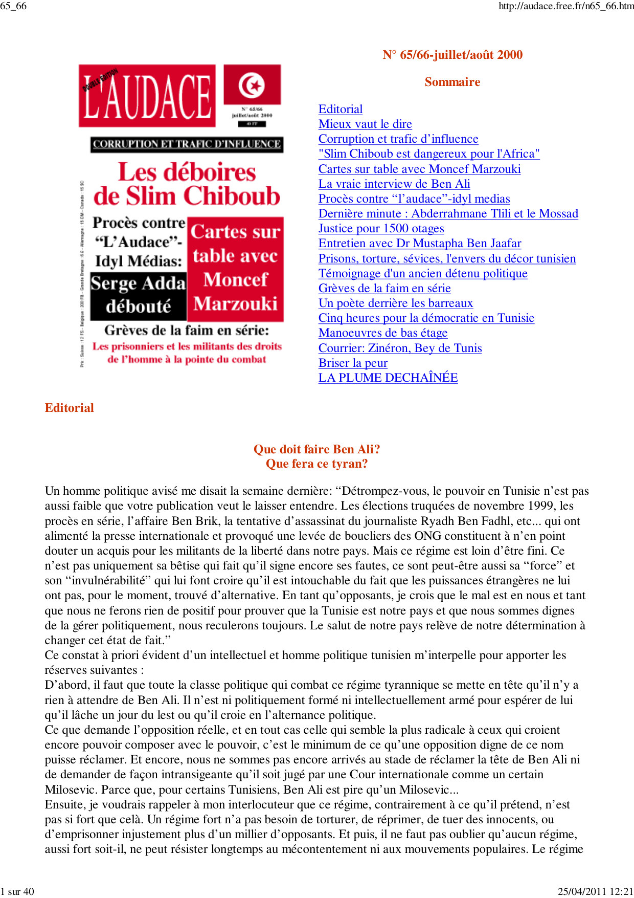L'AUDACE - N° 65-66 - Juillet 2000
