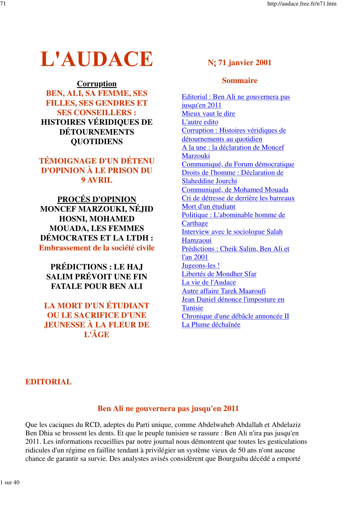 L'AUDACE - N° 71 - Janvier 2001